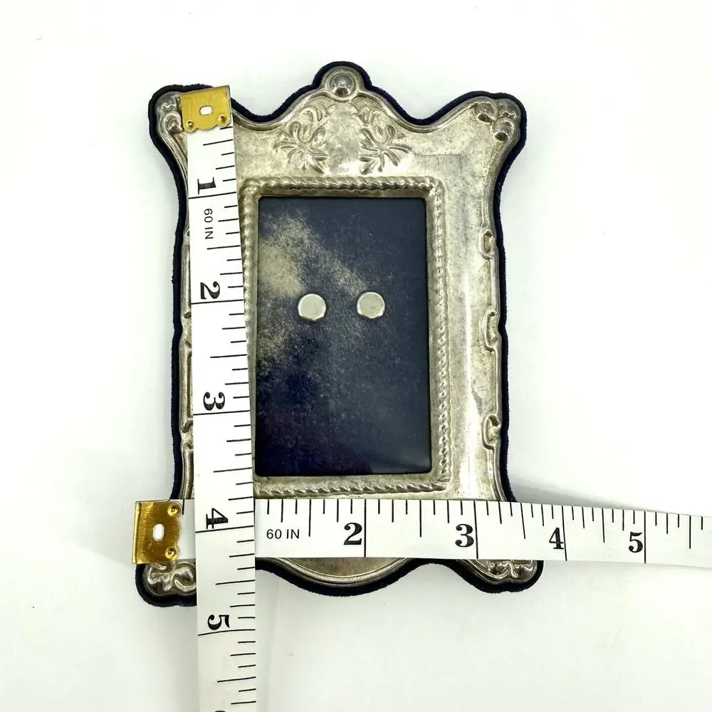 Small VTG Silver Plate Repousse Picture Frame Navy Velvet Scrolls 4.75” X 3.75”